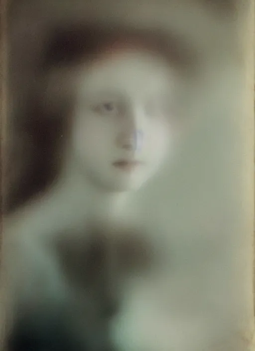 Image similar to out of focus photorealistic portrait of < zelda fitzgerald > as a beautiful young girl by sarah moon, very blurry, translucent white skin, slim, foggy, closeup