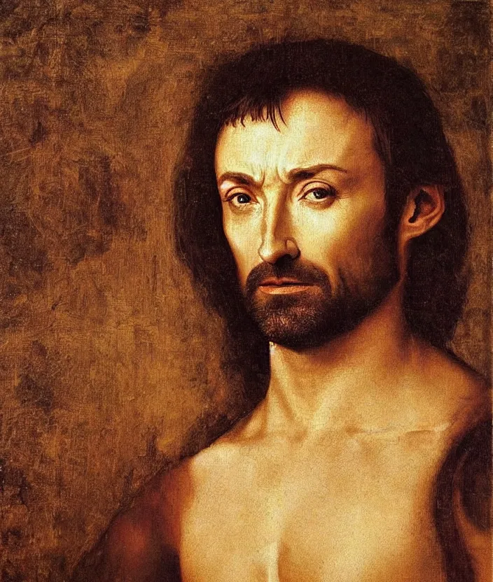 Prompt: oil painting half-lenght portrait of Hugh Jackman by Leonardo da Vinci