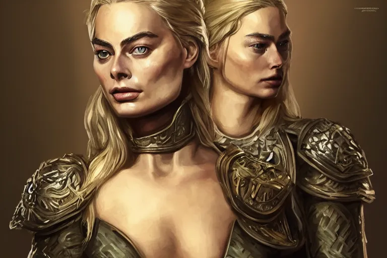 Image similar to a finely detailed portrait of Margot Robbie, clothed in battle armor, olive skin, long dark hair, beautiful bone structure, symmetrical facial features, intricate, elegant, digital painting, trending on Artstation, concept art, smooth, sharp focus, illustration, from Game of Thrones