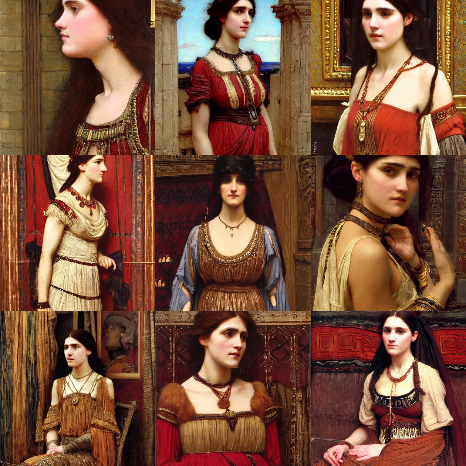 Prompt: woman wearing ancient dress with adorned with bronze intricate portrait by john william waterhouse and Edwin Longsden Long and Theodore Ralli, very coherent symmetrical artwork. Cinematic, hyper realism, high detail 8k