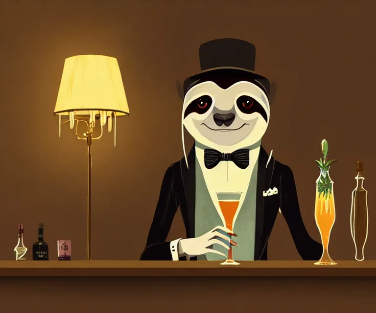 Prompt: a dapper partying sloth anthro, dimly lit upscale 1920s speakeasy, relaxed pose, art deco, detailed painterly digital art style by Jeremiah Ketner, retro vibe, furaffinity, 🍸, 8k octane beautifully detailed render, post-processing, extremely hyperdetailed, intricate, epic composition, grim yet sparkling atmosphere, cinematic lighting + masterpiece, trending on artstation, very detailed, vibrant colors, Art Nouveau, masterpiece, romanticism