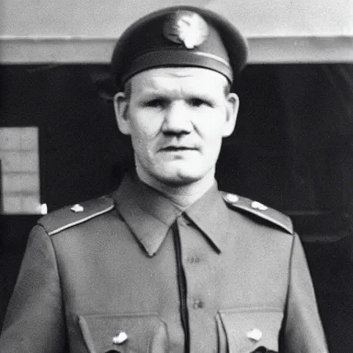 Image similar to Gordon Ramsay as a officer in the Soviet Army during WW2, colorized grainy photo