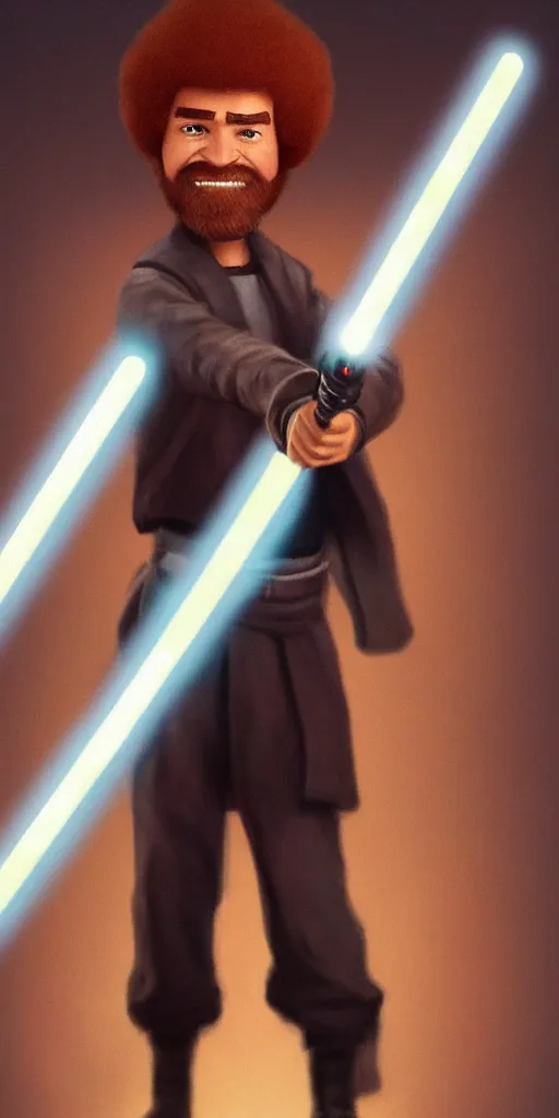 Prompt: full figure one Bob Ross holding a lightsaber, centered, trending on artstation