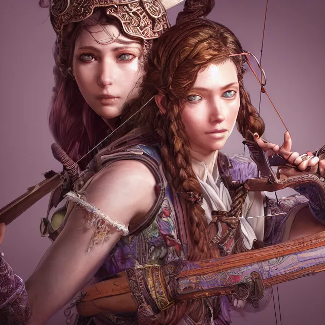 Image similar to the portrait of lawful neutral semi - colorful female archer huntress as absurdly beautiful, gorgeous, elegant, young girl, an ultrafine hyperdetailed illustration by kim jung gi, irakli nadar, intricate linework, bright colors, octopath traveler, final fantasy, unreal engine 5 highly rendered, global illumination, radiant light, detailed and intricate environment