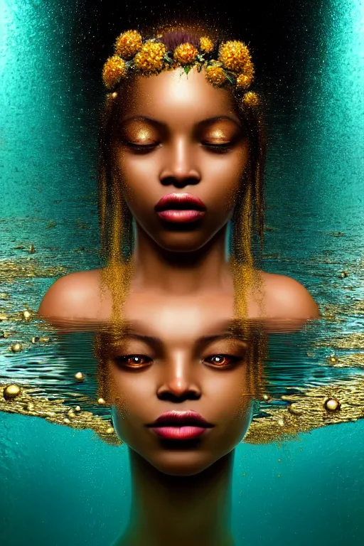 Image similar to hyperrealistic neo rococo cinematic very expressive! black oshun goddess, open eyes, body in water, mirror dripping droplet!, gold flowers, highly detailed face, digital art masterpiece, smooth eric zener cam de leon dramatic pearlescent teal light, ground angle uhd 8 k, sharp focus