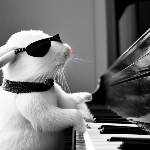 Prompt: a blind rabbit with sunglasses plays the piano in the style of ray charles. award winning photography, 5 0 mm. vegetables in the background.