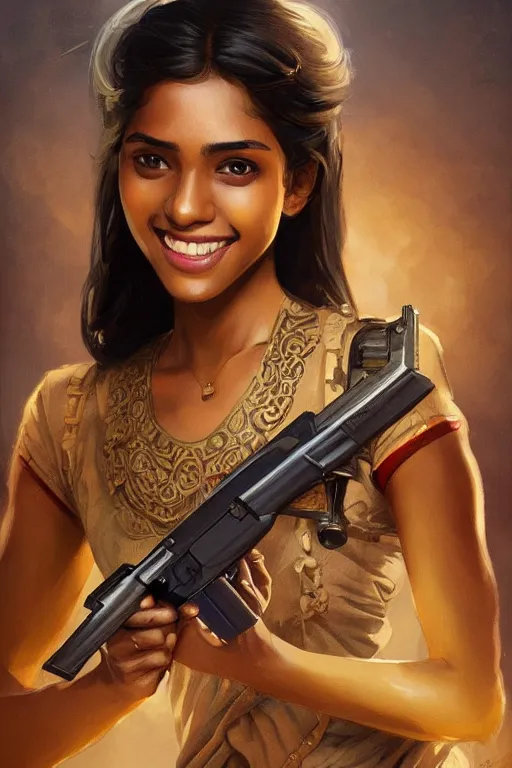 Prompt: sri lankan girl with a gun, smiling, sri lankan city, intricate, elegant, highly detailed, digital painting, artstation, concept art, smooth, sharp focus, illustration, art by artgerm and greg rutkowski and alphonse mucha