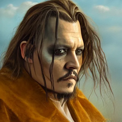 Prompt: Johnny Depp, elden ring boss, matte painting, detailed, elden ring, oil on canvas