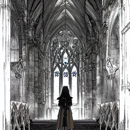 Prompt: goth woman standing in a church, color page, tankoban, 4 k, tone mapping, akihiko yoshida, james jean andrei riabovitchev marc simonetti, yoshitaka amano, long hair, curly, h. hydrochaeri