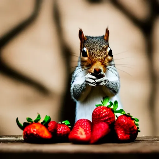 Image similar to fashion photography close - up photograph of a cute squirrel eating strawberries, studio lighting