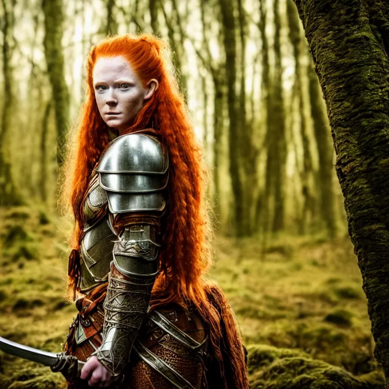 Image similar to 5 5 mm portrait photo of an armored handsome well - built female warrior, red hair, ginger hair, in a magical forest in the style of lord of the rings, highly detailed 8 k. intricate. lifelike. soft light. nikon d 8 5 0. cinematic post - processing