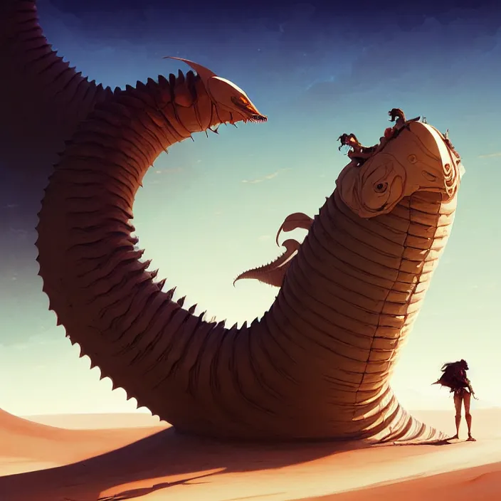 Image similar to style artgerm, joshua middleton, hubert robert, a giant sandworm creature in the desert, long sharp teeth, sand swirling, detailed, desert background setting, volumetric lighting