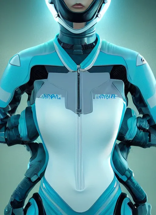 Image similar to symmetry closeup portrait of a racer girl cyborg jumpsuit in clouds cinematic light windy teal cyan by gerald brom by mikhail vr by craig mullins