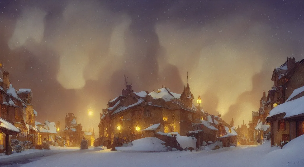 Image similar to A beautiful landscape painting of a small village in the snow at night, smoke rising from the chimneys, by Alfons Maria Mucha and Julie Dillon and Makoto Shinkai