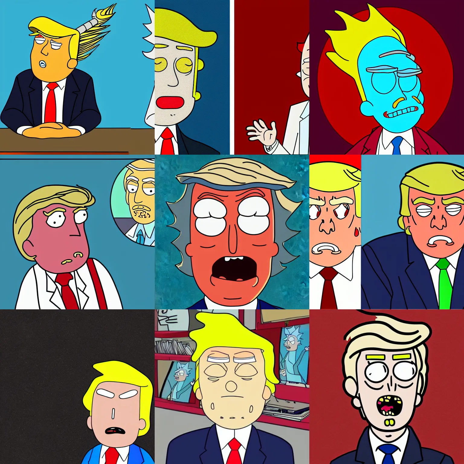 Prompt: illustration of donald trump in the style of rick and morty