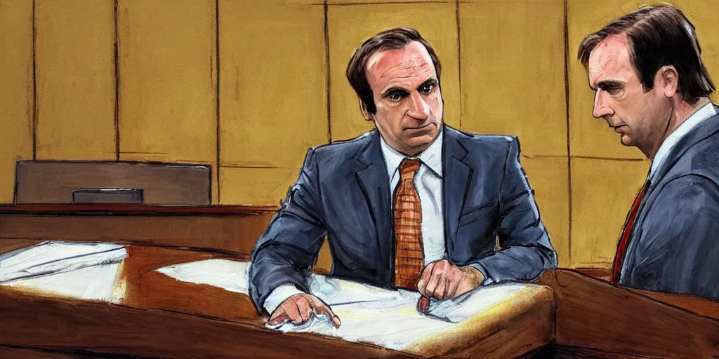 Prompt: saul goodman defending michael scott in acourt, courtroom painting