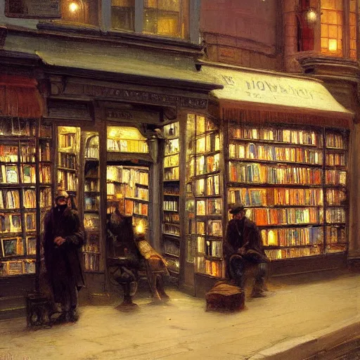 Prompt: Solomon Joseph Solomon and Richard Schmid and Jeremy Lipking victorian genre painting painting of an english 19th century english bookshop store front on a stone city streat with shops and stores at night with cozy lights