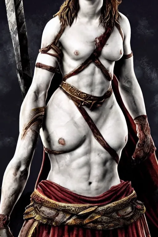 Image similar to Emma Watson as Kratos, brutal, detailed realistic, photorealistic, full body