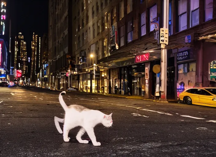 Image similar to photography of a Cat being carried in an half open backpack . in a new york street. award winning photo, led lighting, night, 130mm, sharp, high res