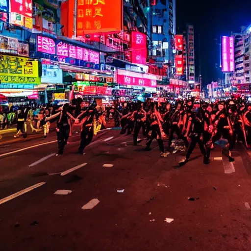 Image similar to violent riots in Hong Kong, wide angle shot neon lights