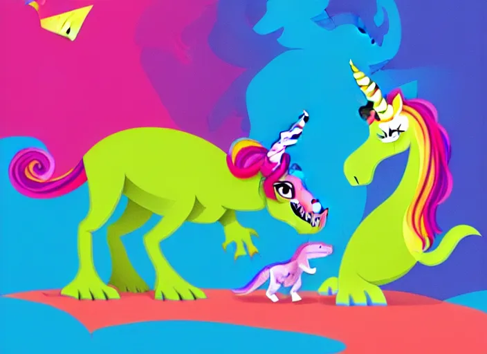 Image similar to T-rex and Unicorn relaxing, colorful,modern, disney poster, detailed,