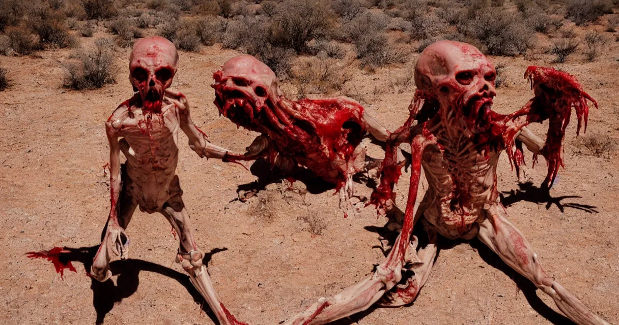 Image similar to in the desert a bloody gross horrifying The Thing creature made of muscle and bone and blood stares at the camera, eating, mid day, 35mm photography, realistic,