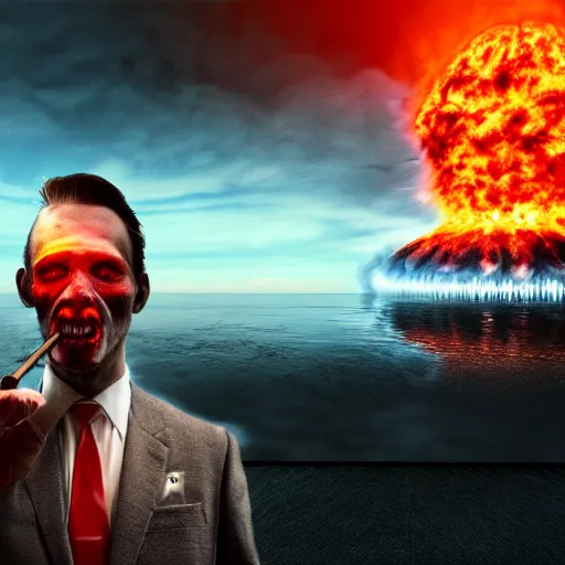 Prompt: A hyperrealistic 3D render of a nuclear explosion reflected in the bleeding eyes of a man in a suit smoking a cigar