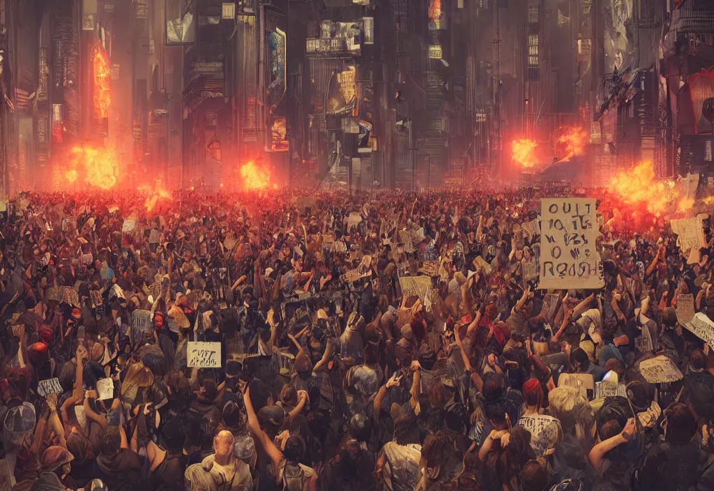 Image similar to angry protesters holding placard, detailed digital illustration by greg rutkowski, medium shot, cyberpunk