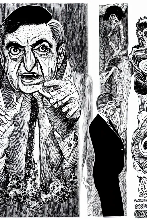 Image similar to George Soros full body portrait, body horror, black and white Illustration by Junji Ito