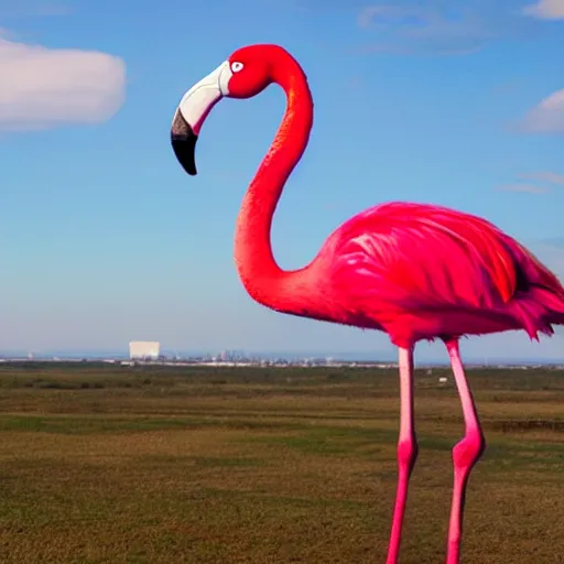 Prompt: photo of a giant colossal flamingo in the distant horizon beyond city skyline