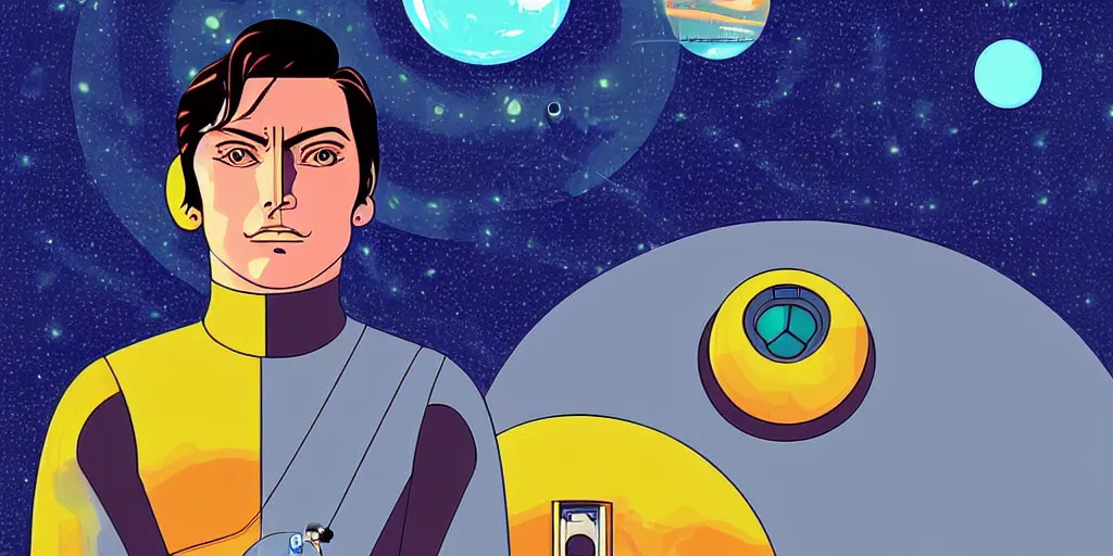 Prompt: a portrait of lonely single Alain Delon alone pilot in spacesuit posing in symmetrical spaceship station planet captain bridge outer worlds hyper contrast well drawn in FANTASTIC PLANET La planète sauvage animation by René Laloux