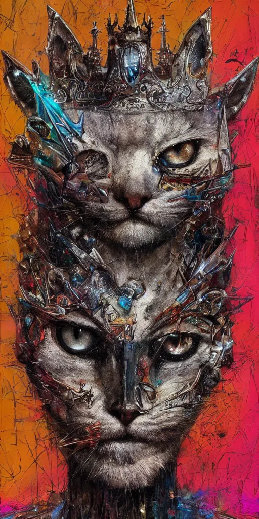 Image similar to a humanoid king old cat with a crown, Atmospheric beautiful by Stanley Artgerm, Tom Bagshaw, Arthur Adams, Carne Griffiths, trending on Deviant Art, street art, chillwave, maximalist, full of color, glittering, 8k, hd