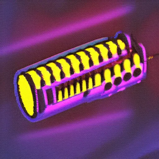 Prompt: A synthwave cigar, inspired by Tron, Trending on Artstation, Digital screenshot,. Faded film grain, 1980s Computer Graphics,