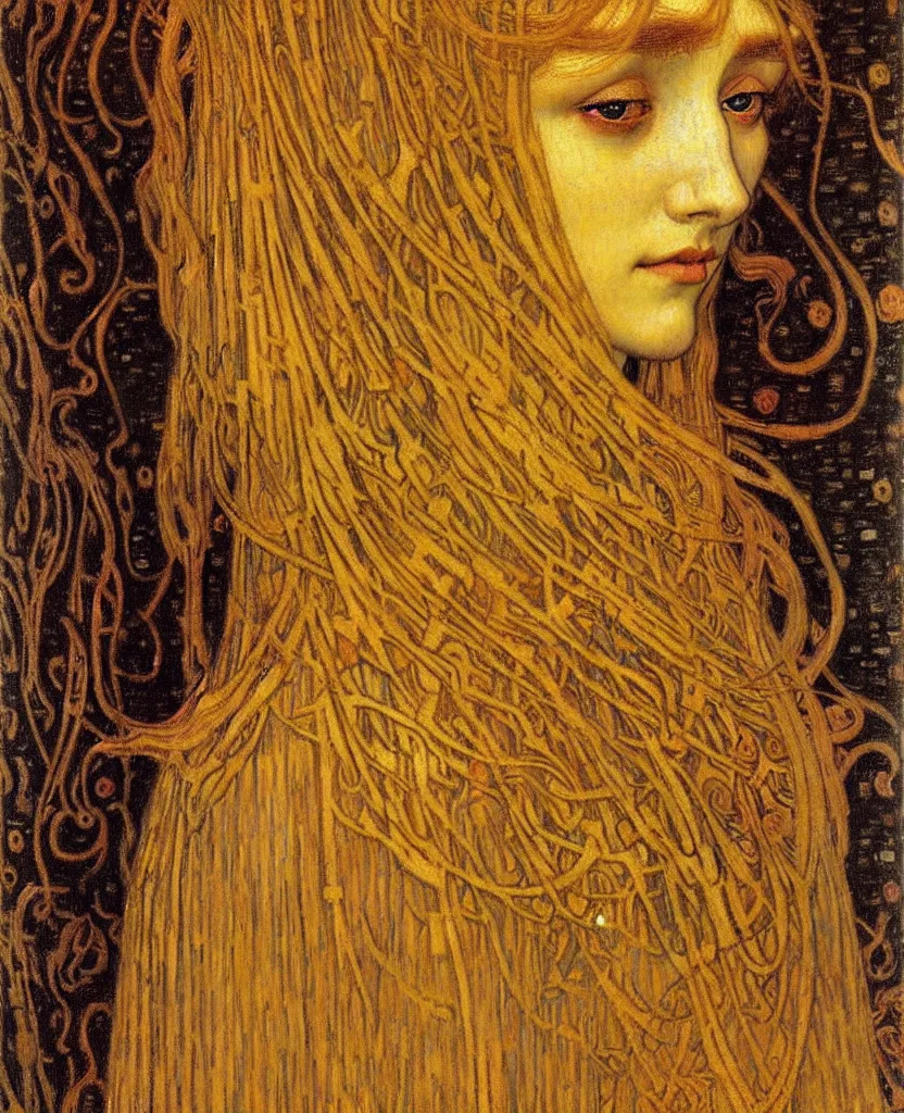 Image similar to detailed realistic beautiful young medieval queen face portrait by jean delville, gustav klimt and vincent van gogh, art nouveau, symbolist, visionary, gothic, pre - raphaelite, muted earthy colors, desaturated