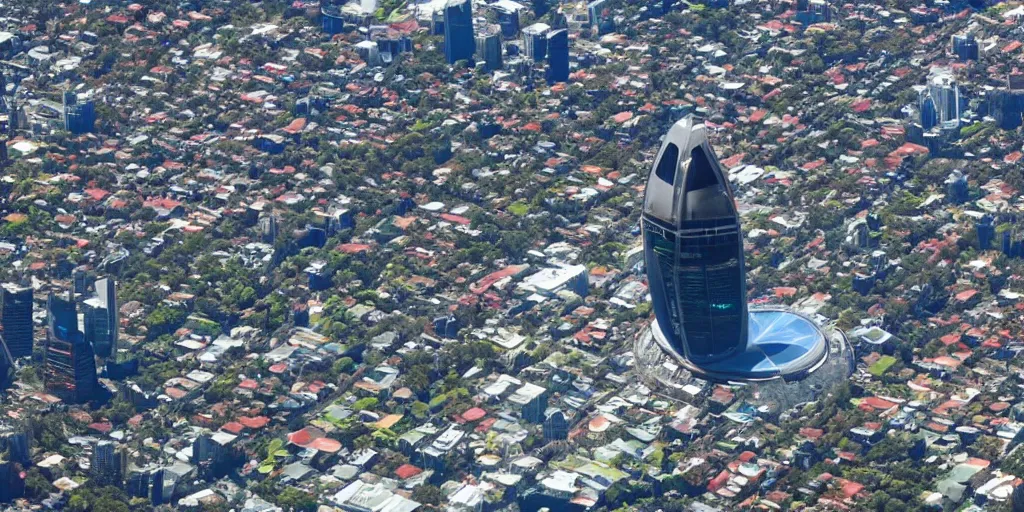 Prompt: A photo looking up at a large alien spaceship hovering over Sydney in Australia, 4K