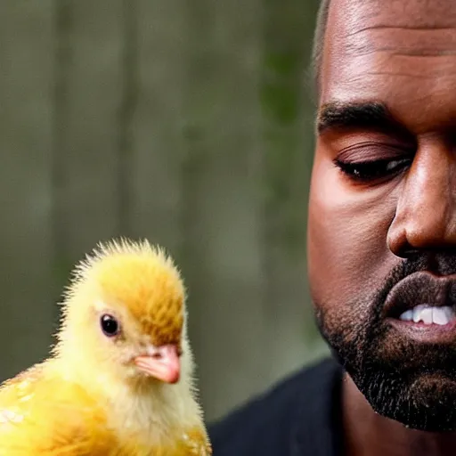 Image similar to kanye west in a farm holding up a baby chick extremely close to the camera, almost touching the lens. photograph extremely close wide - angle lens