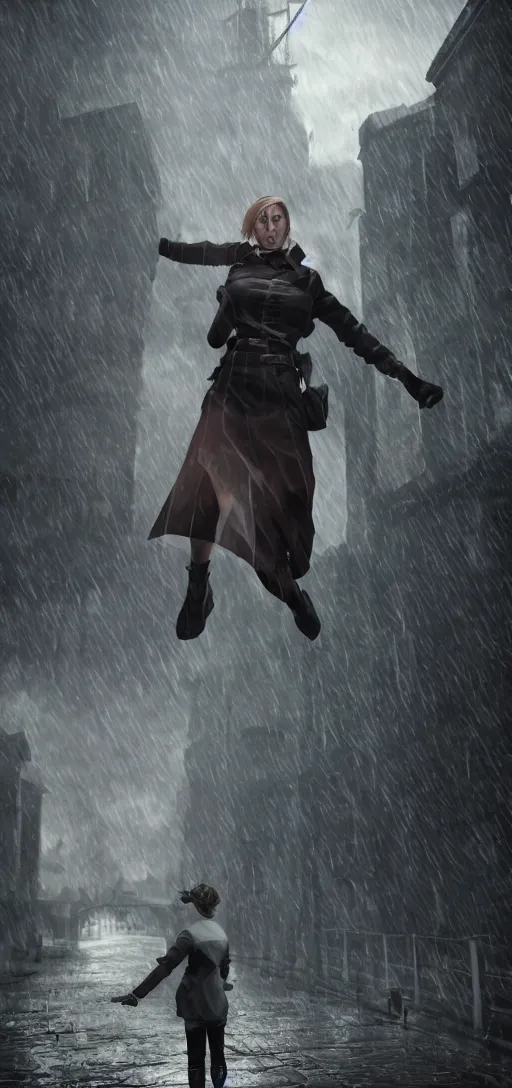 Prompt: annie leonhart in dunwall city, mid air shot, redshift render, beautiful face, detailed face, cinematic lighting, rainy weather, melancholy atmosphere, dunwall city, volumetric light, octane render, dishonored 1, gothic architecture, realistic reflections, octane render 8 k, action shot, wind trails