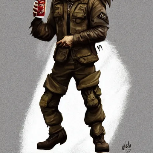 Image similar to a humanoid german shepherd beast - man in military style, holding a bottle of beer, artstation, concept art, smooth, sharp foccus ilustration, artstation