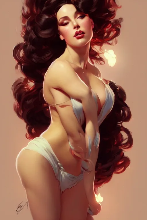 Image similar to character concept a beautiful voluminous woman burlesque dancer, portrait, highly detailed, digital painting, artstation, concept art, smooth, sharp focus, illustration, cinematic lighting, art by artgerm and greg rutkowski and alphonse mucha