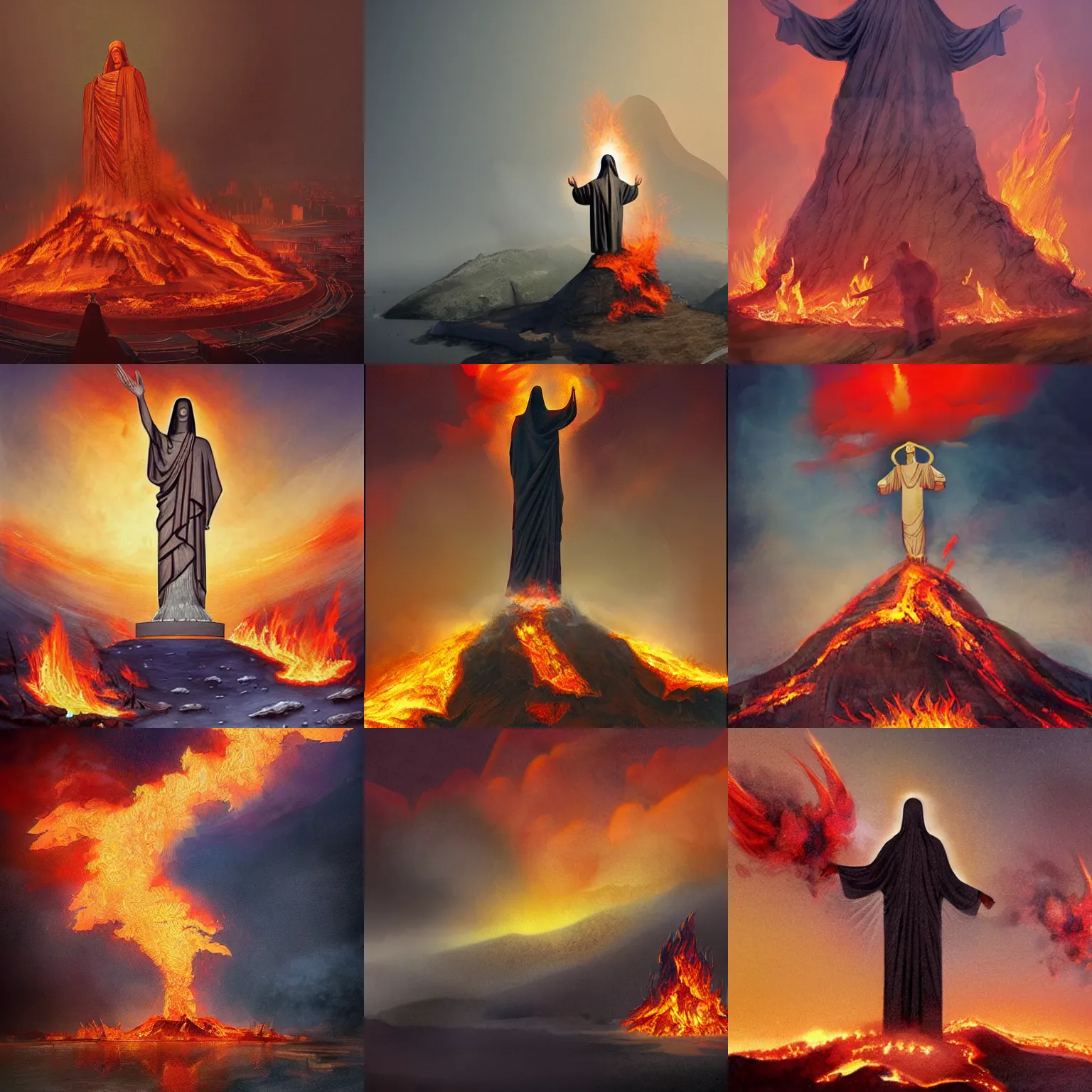 Prompt: christo redentor surrounded by fire and smoke, concept art by kamal ud - din behzad, featured on deviantart, unilalianism, hellish, reimagined by industrial light and magic, lovecraftian