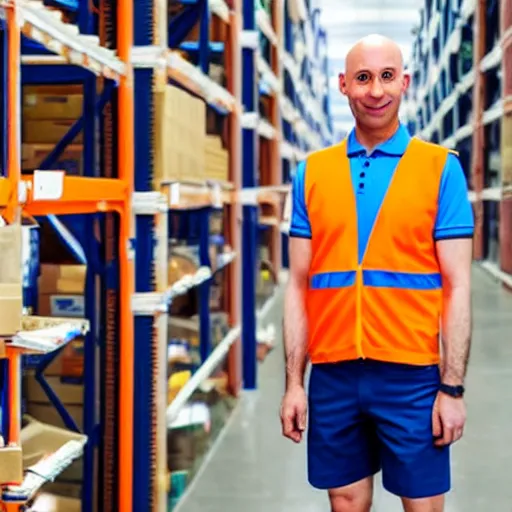 Prompt: a bald man in dark blue shorts, pale blue polo shirt, orange hi vis jacket, standing in a warehouse full of boxes