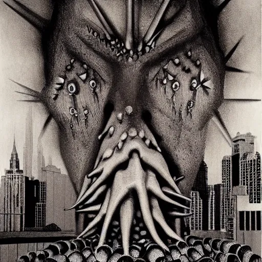 Image similar to A beautiful experimental art of a large, monster looming over a cityscape. The monster has several eyes and mouths, and its body is covered in spikes. It seems to be coming towards the viewer, who is looking up at it in fear. icy by Richard Hamilton, by Ruth Bernhard rich details