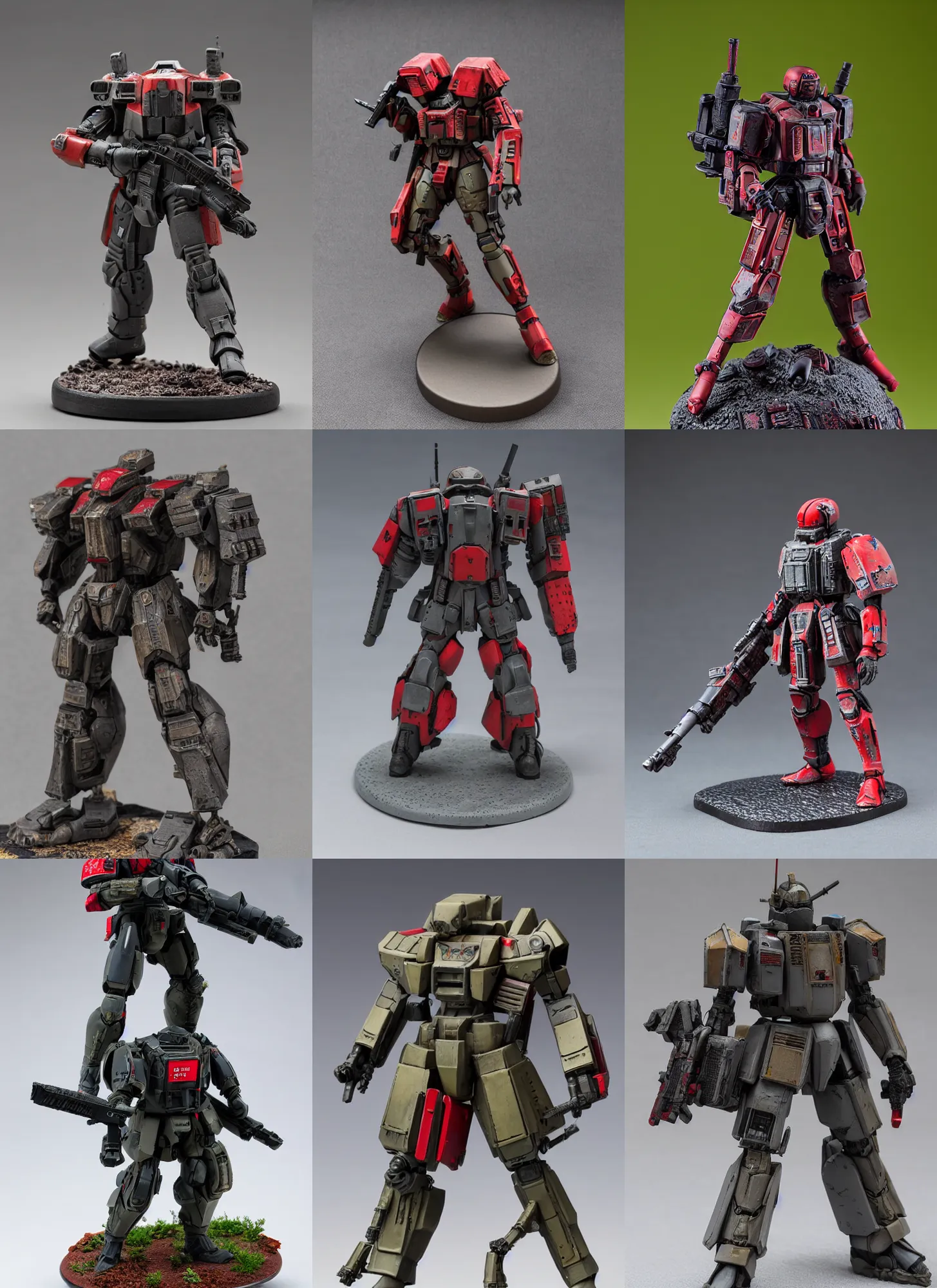 Prompt: 8 0 mm resin detailed miniature of a armored core with red, rifle, cannon on shoulder, full body, head, legs, textured base ; product photos, 4 k, view from front