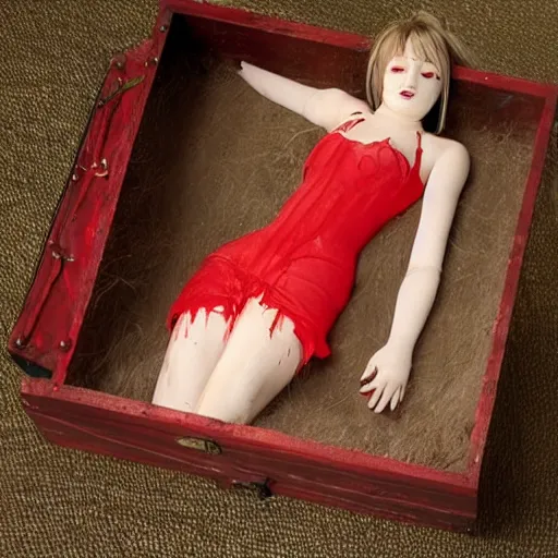 Prompt: - i full - bodied girl dead in a red coffin wood box