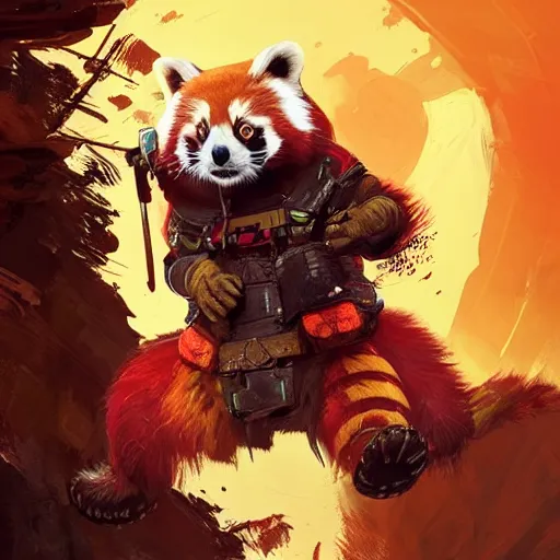 Image similar to red panda as apex legends character, digital illustration portrait design, by android jones and greg rutkowski, retrowave color scheme, detailed, cinematic lighting, wide angle action dynamic portrait