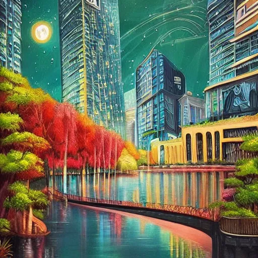 Image similar to Beautiful city of the future in harmony with nature. Nice colour scheme, cool. Beautiful detailed painting by Lurid. (2022)