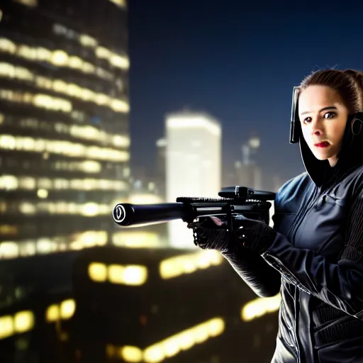 Image similar to photographic portrait of a techwear woman holding a shotgun, closeup, on the rooftop of a futuristic city at night, sigma 85mm f/1.4, 4k, depth of field, high resolution, 4k, 8k, hd, full color, Robocop, Die Hard, movies with guns, movie firearms, face closeups