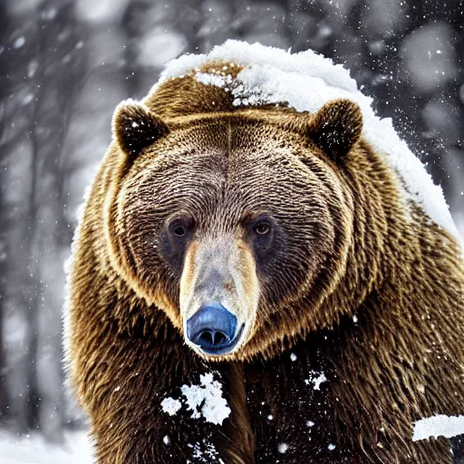 Prompt: Photorealistic photograph of a bear in snow by Sergey Gorshkov, photorealism, photorealistic, realism, real, highly detailed, ultra detailed, detailed, f/2.8L Canon EF IS lens, Canon EOS-1D Mark II, Wildlife Photographer of the Year, Pulitzer Prize for Photography, 8k