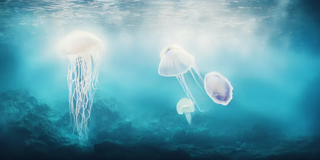 Prompt: full - length professional photo underwater landscape with a transparent big flying jellyfish, ultra high detailed, volumetric lightning, photo by david doubilet