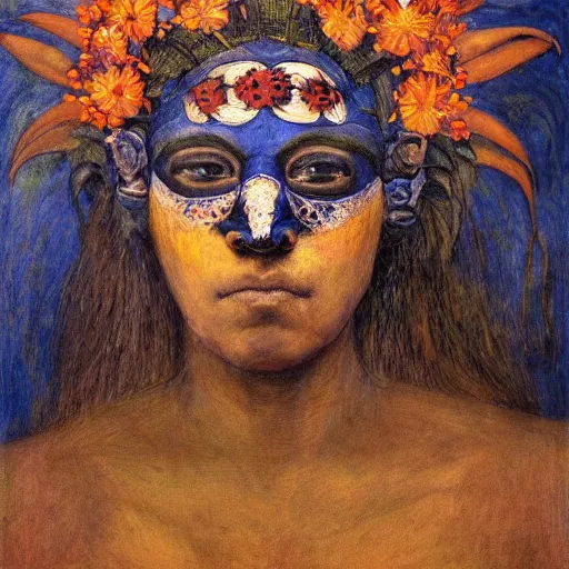 Image similar to masterpiece painting of a dark flower shaman, by annie swynnerton and jean delville and tino rodriguez and diego rivera, facemask made of flowers, art brut, outsider art, symbolist, dramatic lighting, god rays, elaborate geometric ornament, clean crisp graphics, smooth sharp focus, extremely detailed, adolf wolfli
